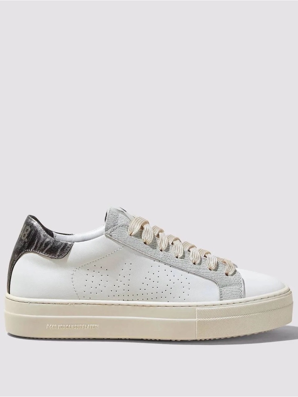 Women’s P448 Thea Chalk white sneakers with gunmetal grey accent on heel.